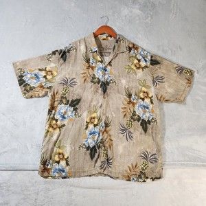 TOMMY BAHAMA Men's Floral 100% Silk Button Down Shirt XXL Brown Gray Hawaiian